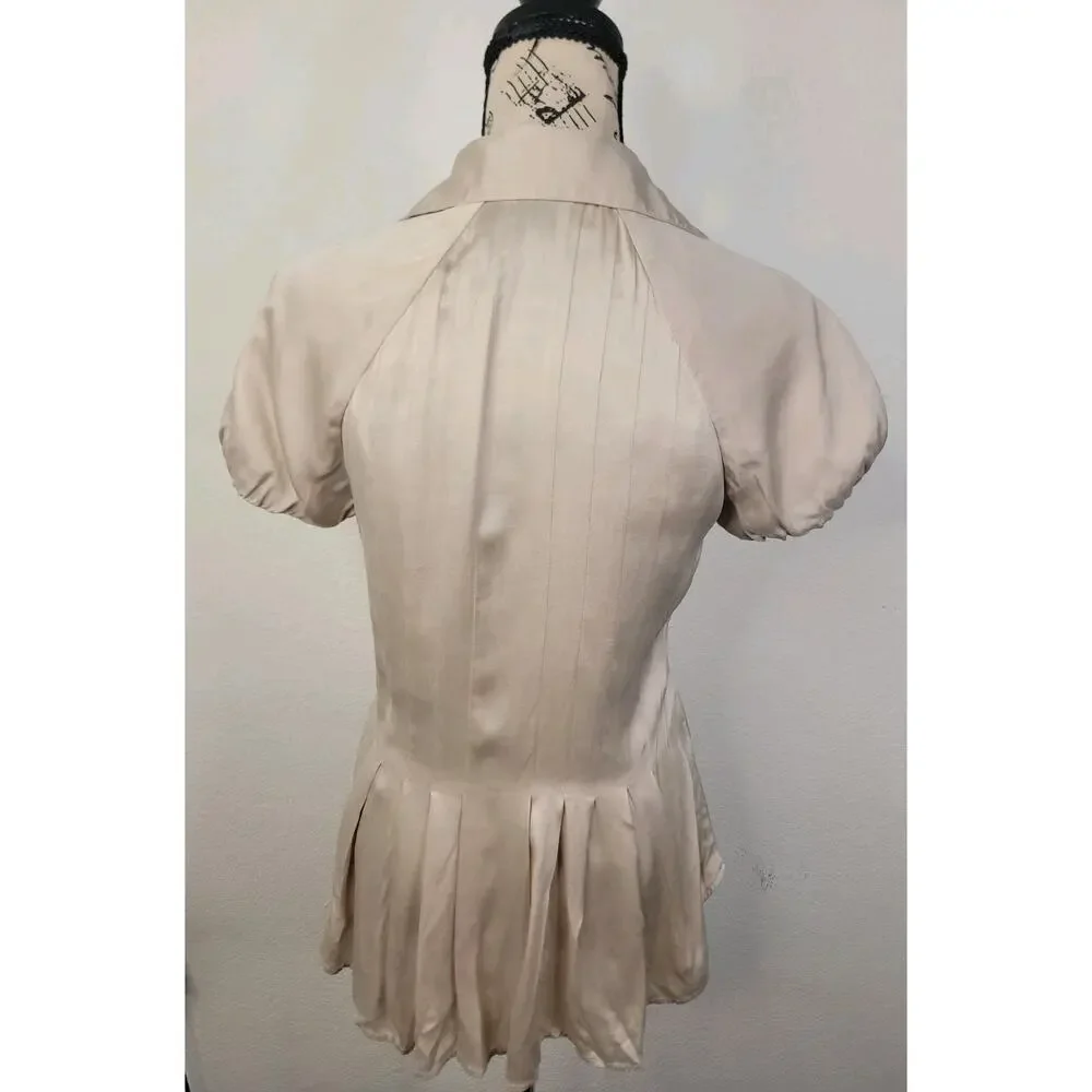 BCBG Maxazria Babydoll Top XS Stretch Silk Fit Flare Pleats Buttons Office Siren